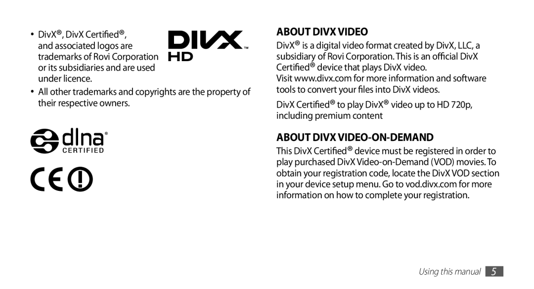 Samsung YP-G70EW/MEA, YP-G70CW/XET, YP-G70CB/XET, YP-G70CW/XEE, YP-G70CW/HAC, YP-G70CB/MEA manual About Divx VIDEO-ON-DEMAND 