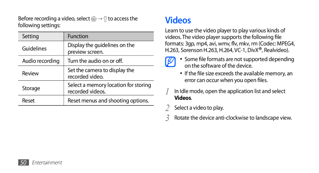 Samsung YP-G70CW/TRA manual Videos, Turn the audio on or off, Review Set the camera to display Recorded video Storage 