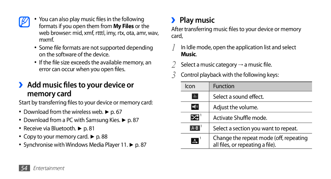 Samsung YP-G70CB/XEZ, YP-G70CW/XET, YP-G70CB/XET manual ›› Add music files to your device or memory card, ›› Play music 