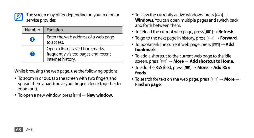 Samsung YP-G70CB/MEA manual Screen, press → More → Add shortcut to Home, To add the RSS feed, press → More → Add RSS feeds 