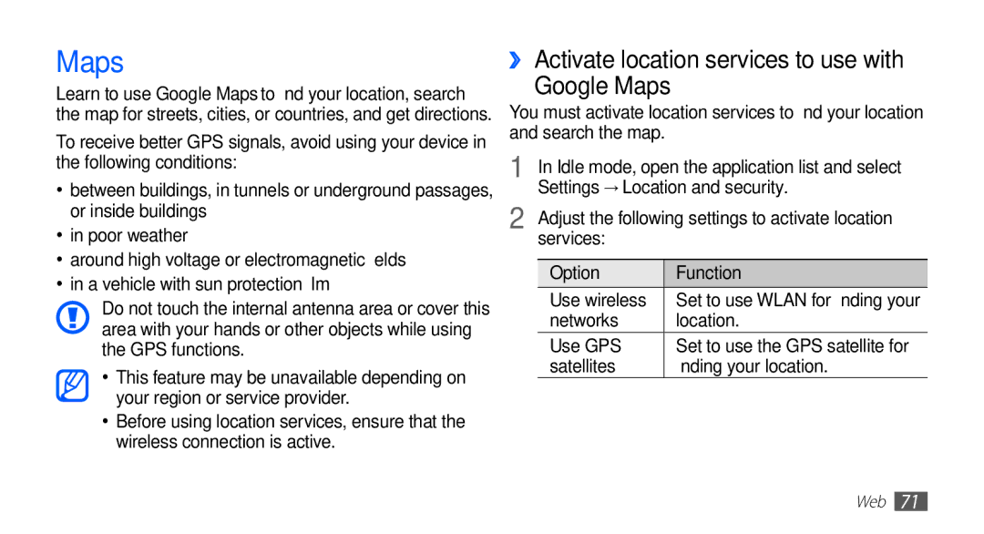 Samsung YP-G70CW/MEA manual ›› Activate location services to use with Google Maps, Settings → Location and security 