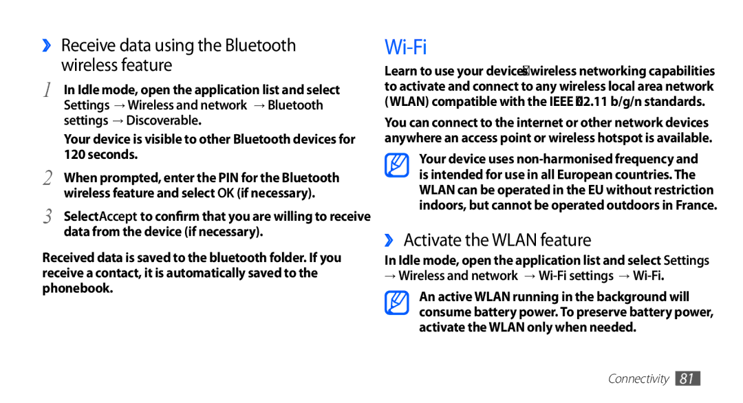 Samsung YP-G70EW/TRA manual Wi-Fi, ›› Receive data using the Bluetooth wireless feature, ›› Activate the Wlan feature 