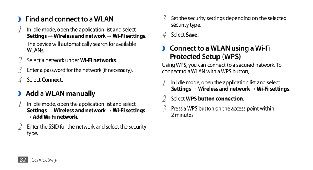 Samsung YP-G70CW/TRA, YP-G70CW/XET, YP-G70CB/XET, YP-G70CW/XEE ›› Find and connect to a Wlan, ›› Add a Wlan manually 