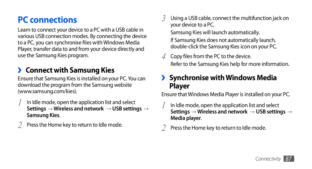 Samsung YP-G70CW/NEE PC connections, ›› Connect with Samsung Kies, ›› Synchronise with Windows Media Player, Media player 