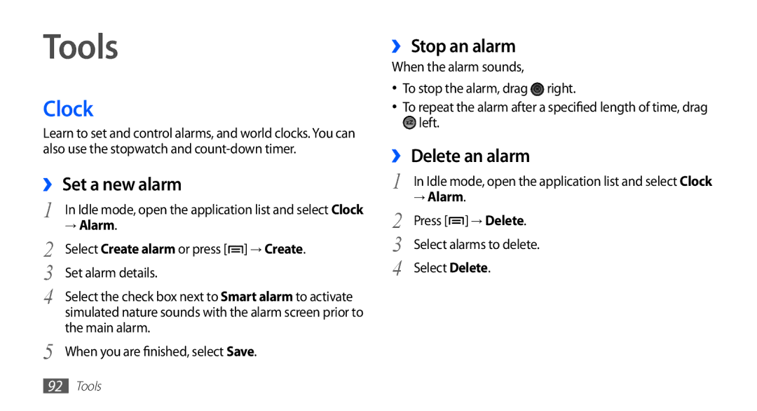 Samsung YP-G70EB/XEG, YP-G70CW/XET, YP-G70CB/XET Tools, Clock, ›› Set a new alarm, ›› Stop an alarm, ›› Delete an alarm 