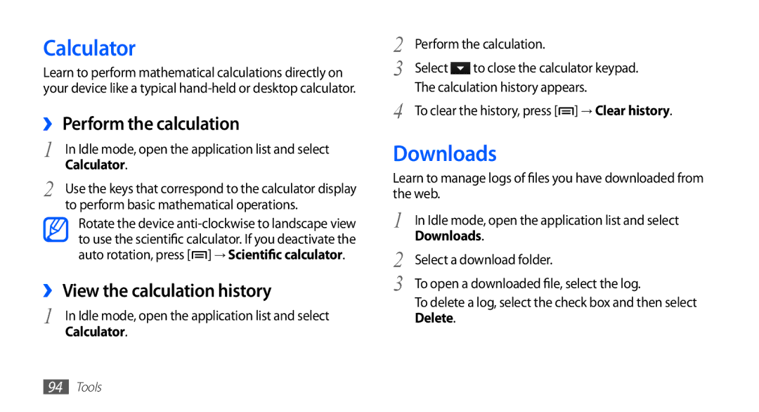 Samsung YP-G70CB/SUN, YP-G70CW/XET manual Calculator, Downloads, ›› Perform the calculation, ›› View the calculation history 