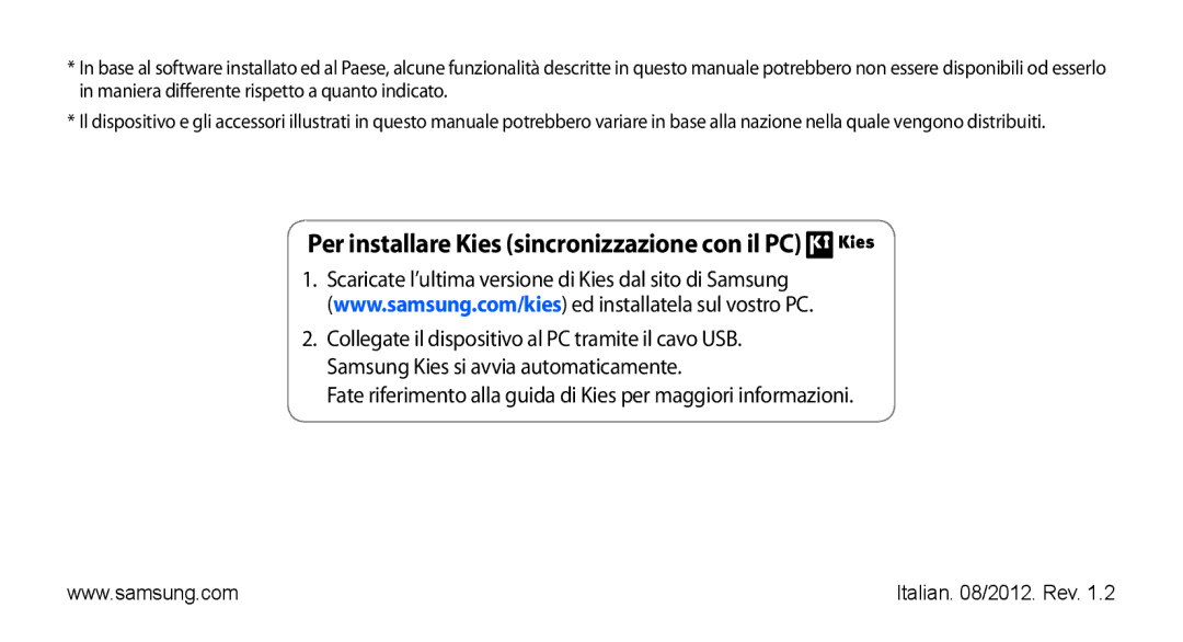 Samsung YP-G70CW/XET, YP-G70CB/XET manual Per installare Kies sincronizzazione con il PC 