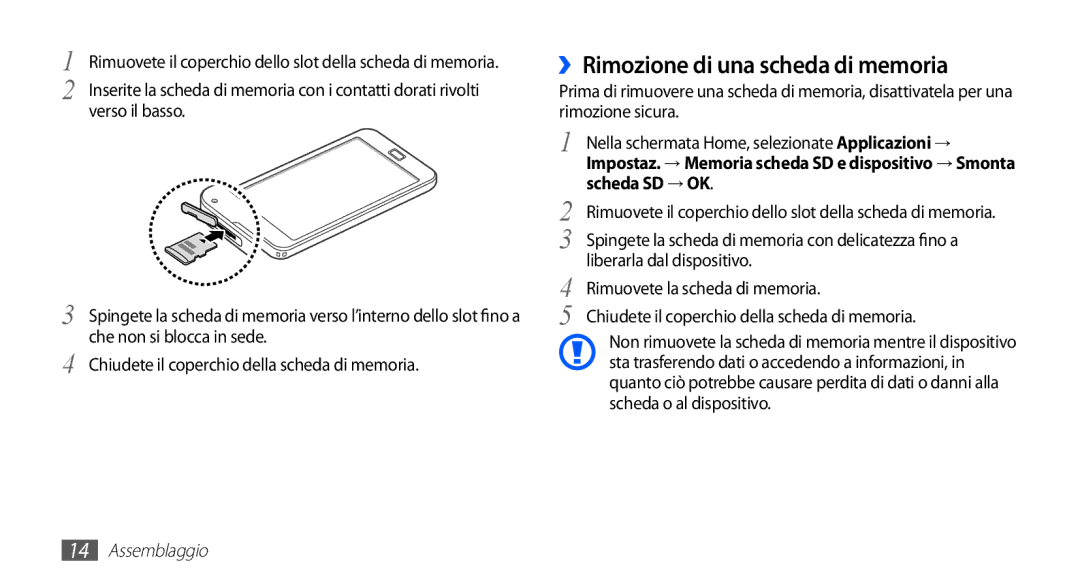 Samsung YP-G70CW/XET, YP-G70CB/XET manual ››Rimozione di una scheda di memoria, Scheda SD → OK 