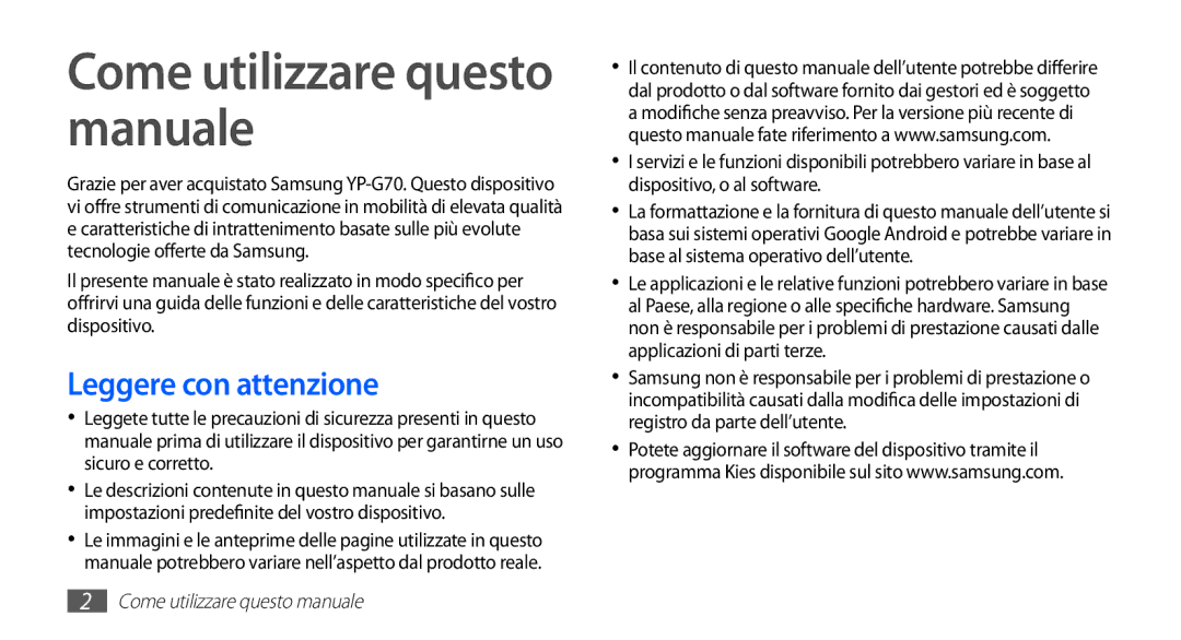 Samsung YP-G70CW/XET, YP-G70CB/XET Come utilizzare questo manuale, Leggere con attenzione 