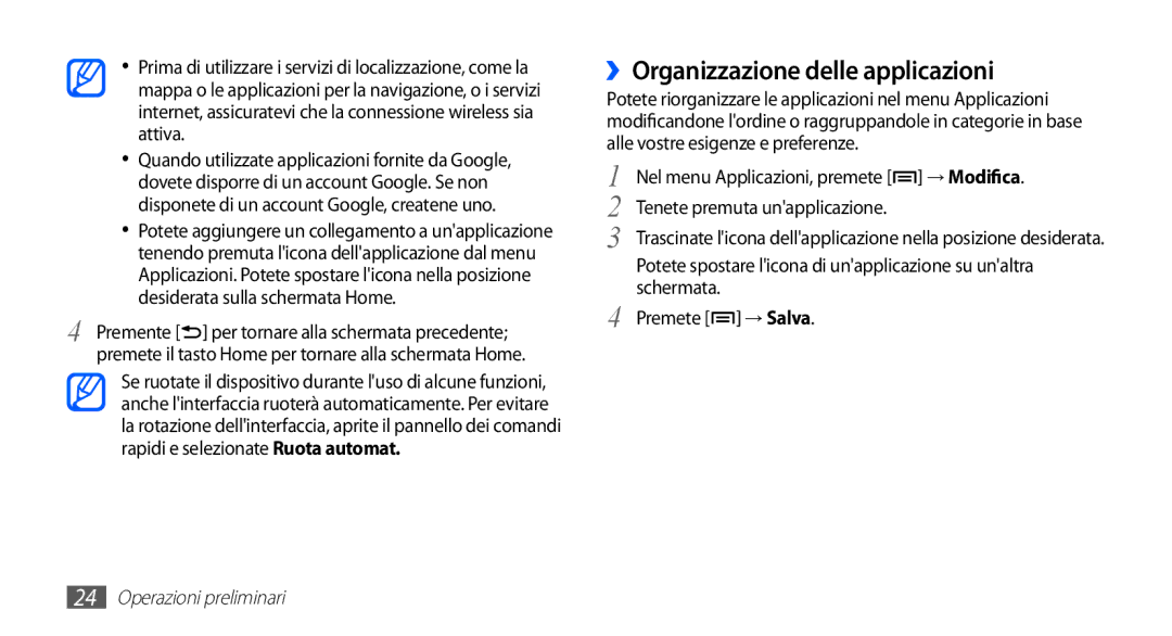 Samsung YP-G70CW/XET manual ››Organizzazione delle applicazioni, Nel menu Applicazioni, premete → Modifica, Schermata 