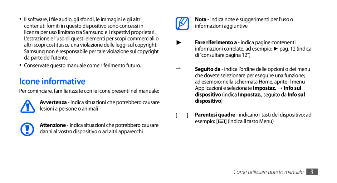 Samsung YP-G70CB/XET Icone informative, Conservate questo manuale come riferimento futuro, Esempio indica il tasto Menu 