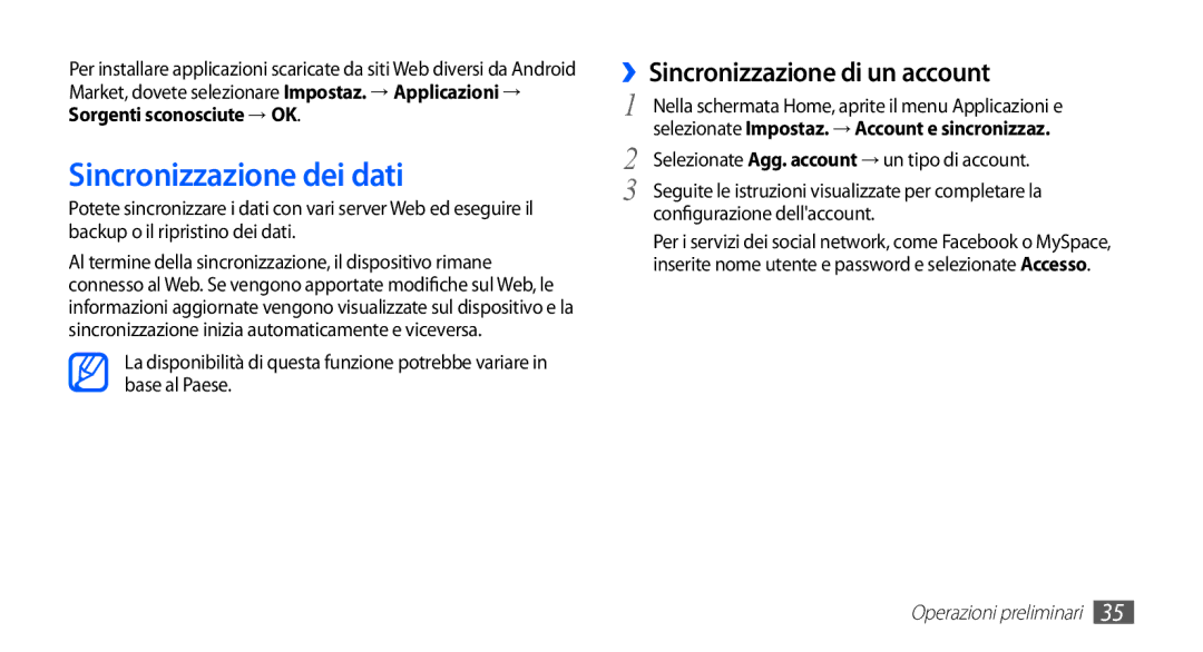 Samsung YP-G70CB/XET, YP-G70CW/XET Sincronizzazione dei dati, ››Sincronizzazione di un account, Configurazione dellaccount 