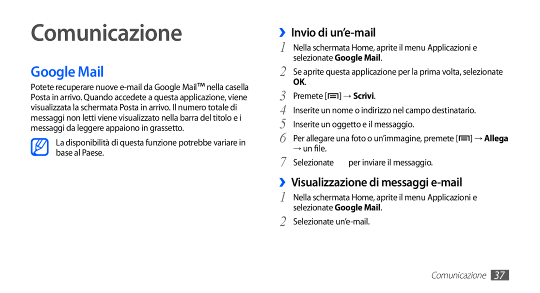 Samsung YP-G70CB/XET Comunicazione, Google Mail, ››Invio di un’e-mail, ››Visualizzazione di messaggi e-mail, → Scrivi 