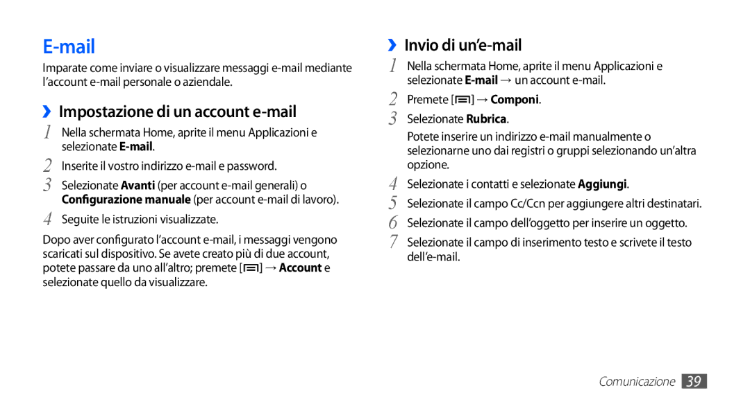 Samsung YP-G70CB/XET, YP-G70CW/XET manual Mail, ››Impostazione di un account e-mail 