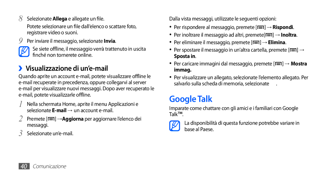 Samsung YP-G70CW/XET, YP-G70CB/XET manual Google Talk, ››Visualizzazione di un’e-mail 