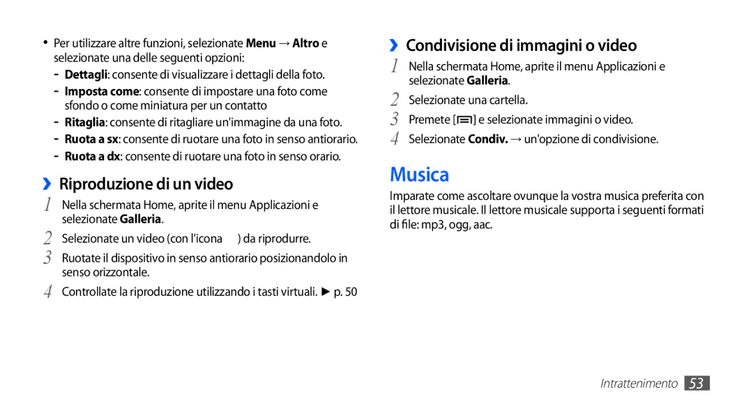 Samsung YP-G70CB/XET, YP-G70CW/XET manual Musica, ››Riproduzione di un video, ››Condivisione di immagini o video 