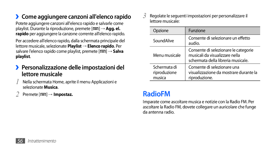 Samsung YP-G70CW/XET, YP-G70CB/XET manual RadioFM, ››Personalizzazione delle impostazioni del lettore musicale 