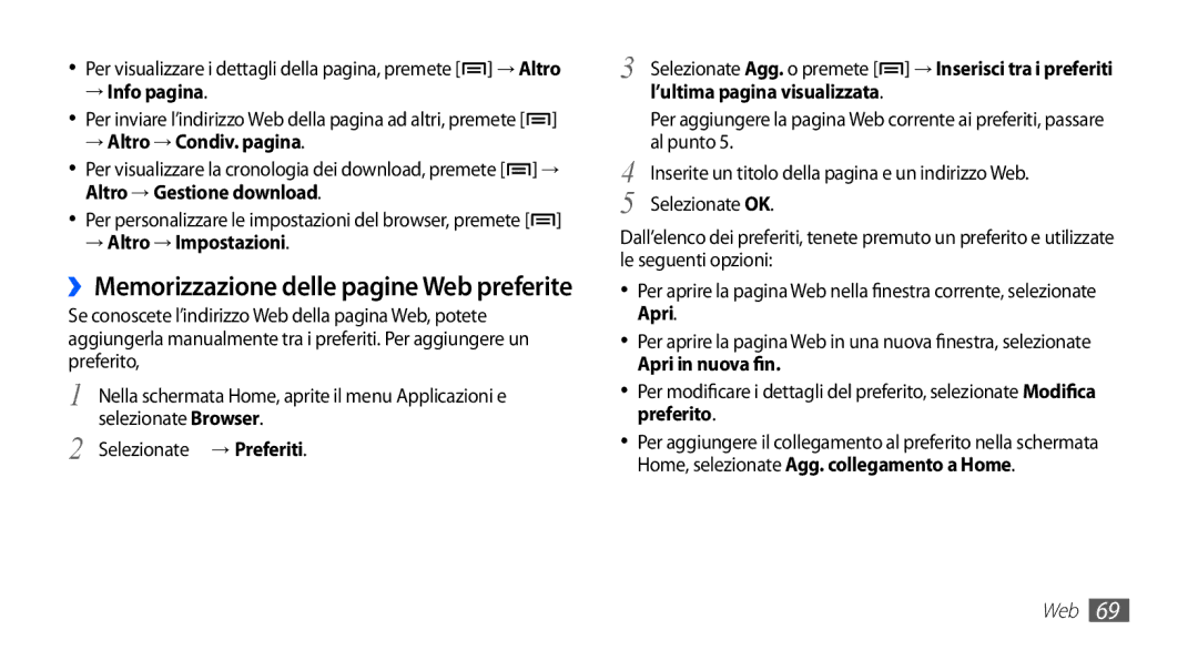 Samsung YP-G70CB/XET manual → Info pagina, → Altro → Condiv. pagina, → Altro → Impostazioni, ’ultima pagina visualizzata 