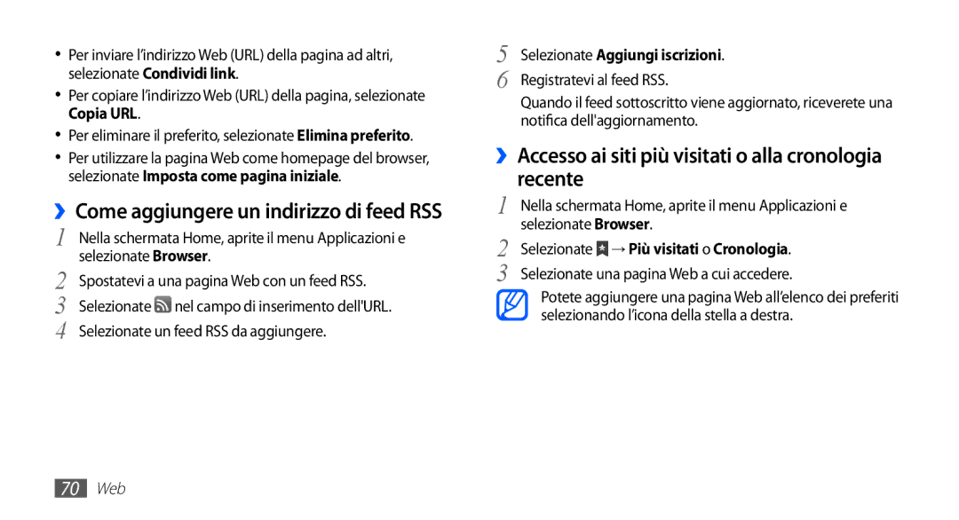 Samsung YP-G70CW/XET, YP-G70CB/XET manual ››Accesso ai siti più visitati o alla cronologia recente, Registratevi al feed RSS 