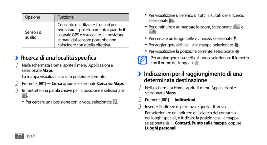 Samsung YP-G70CW/XET manual ››Ricerca di una località specifica, Sensori di, Ausilio, Stimata dal sensore potrebbe non 