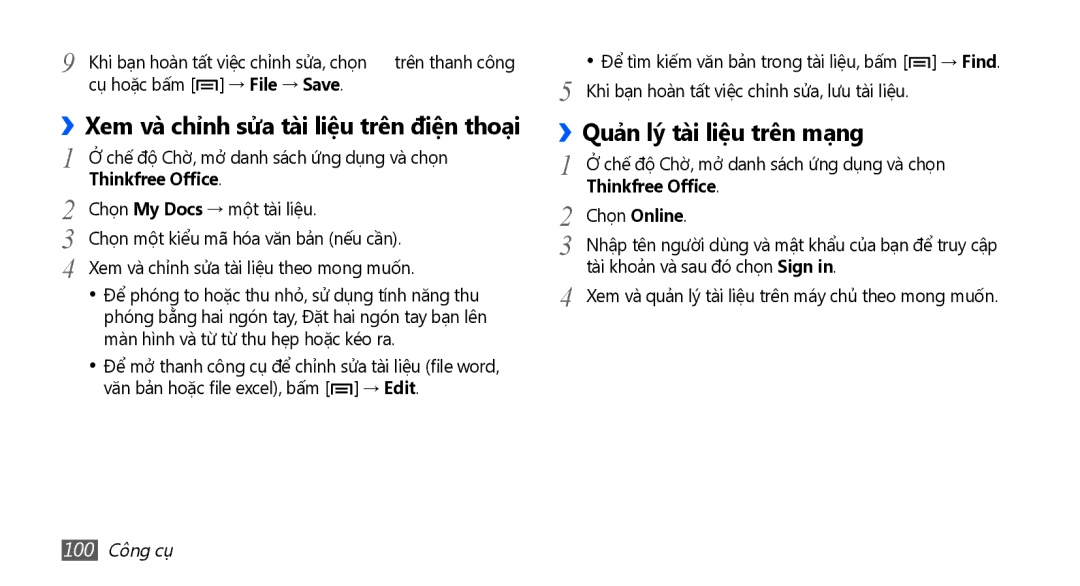 Samsung YP-G70CW/XSV manual ››Xem và chỉnh sửa tài liệu trên điện thoại, Quả̉n lý tài liệu trên mạng, 100 Công cụ 
