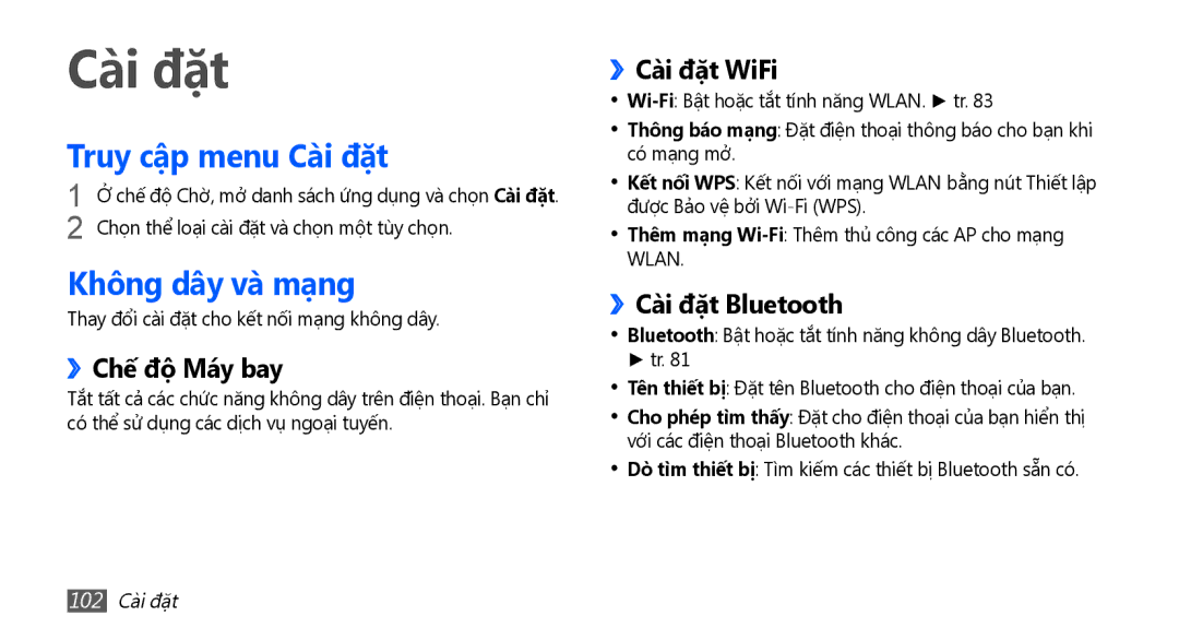 Samsung YP-G70CW/XSV manual Truy cập menu Cài đặt, Không dây va mang 