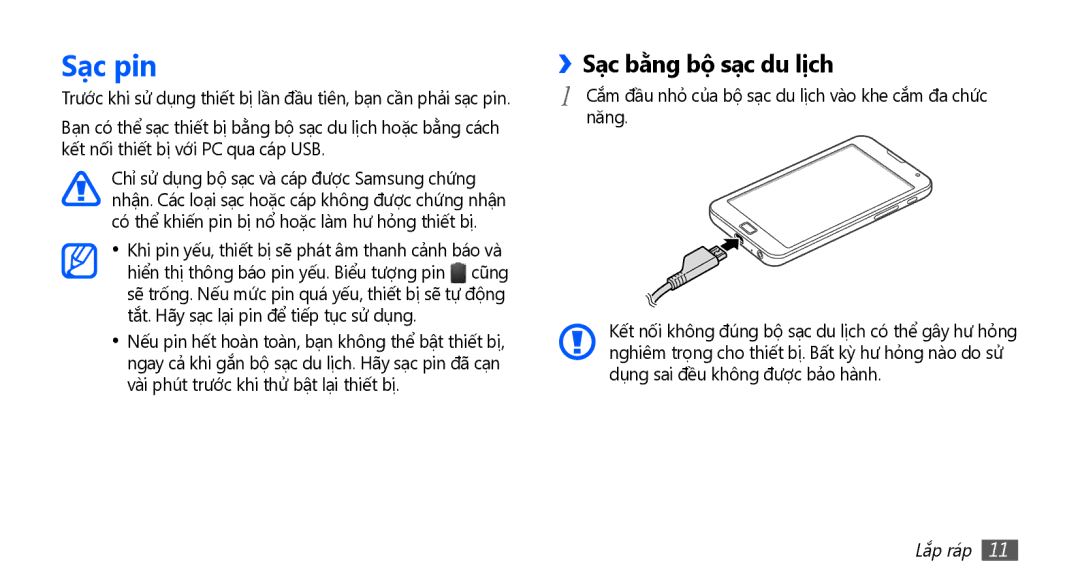 Samsung YP-G70CW/XSV manual Sạc pin, ››Sạc bằ̀ng bộ sạc du lị̣ch, Lắp ráp 