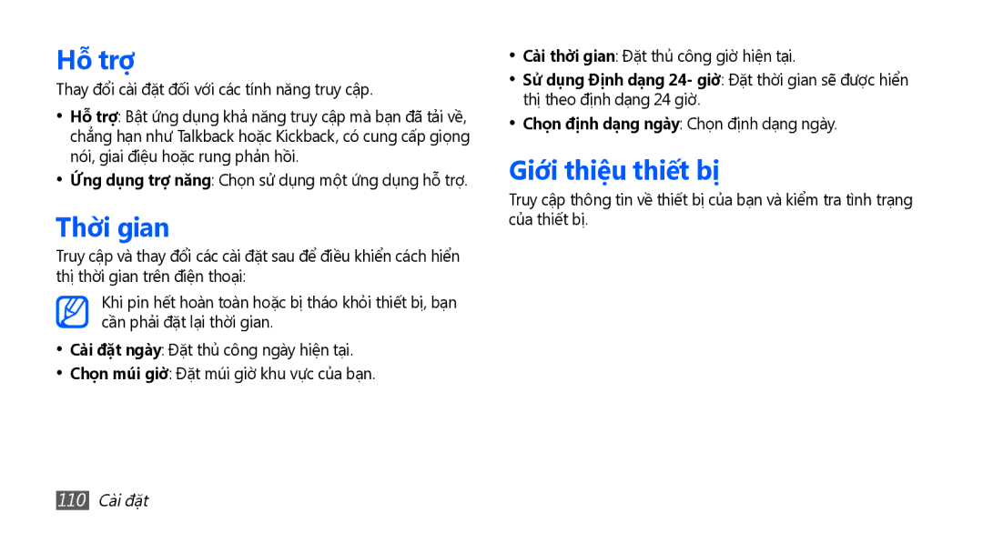 Samsung YP-G70CW/XSV manual Hỗ trơ, Thơi gian, Giơi thiêu thiêt bị, 110 Cài đặt 