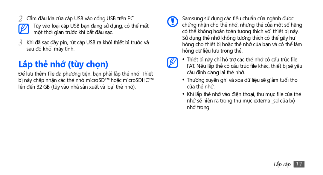 Samsung YP-G70CW/XSV manual Lăp thẻ nhơ tùy chọn 