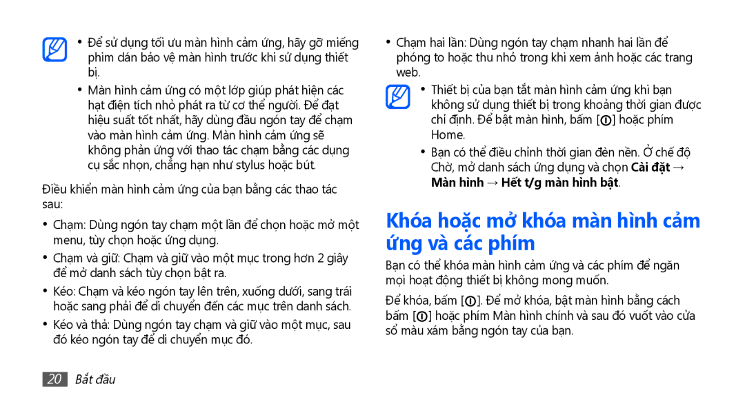 Samsung YP-G70CW/XSV manual Khóa hoặc mở khóa màn hì̀nh cả̉m ứ́ng và các phím, 20 Bắt đầu 