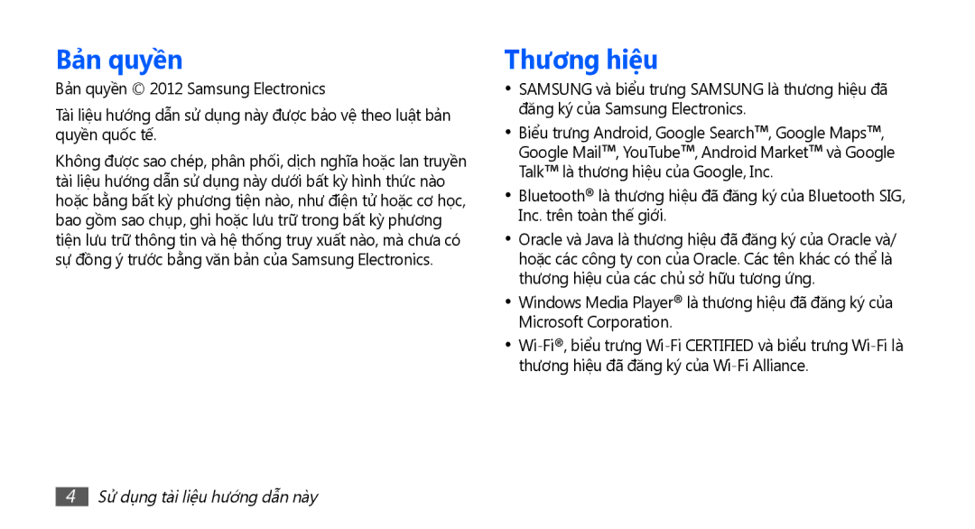 Samsung YP-G70CW/XSV manual Bả̉n quyền, Thương hiệu 