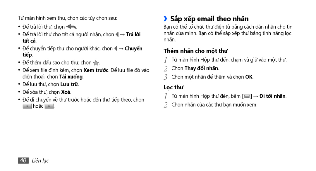 Samsung YP-G70CW/XSV manual ››Sắp xếp email theo nhãn, Chọn Thay đôi nhan, 40 Liên lạc 