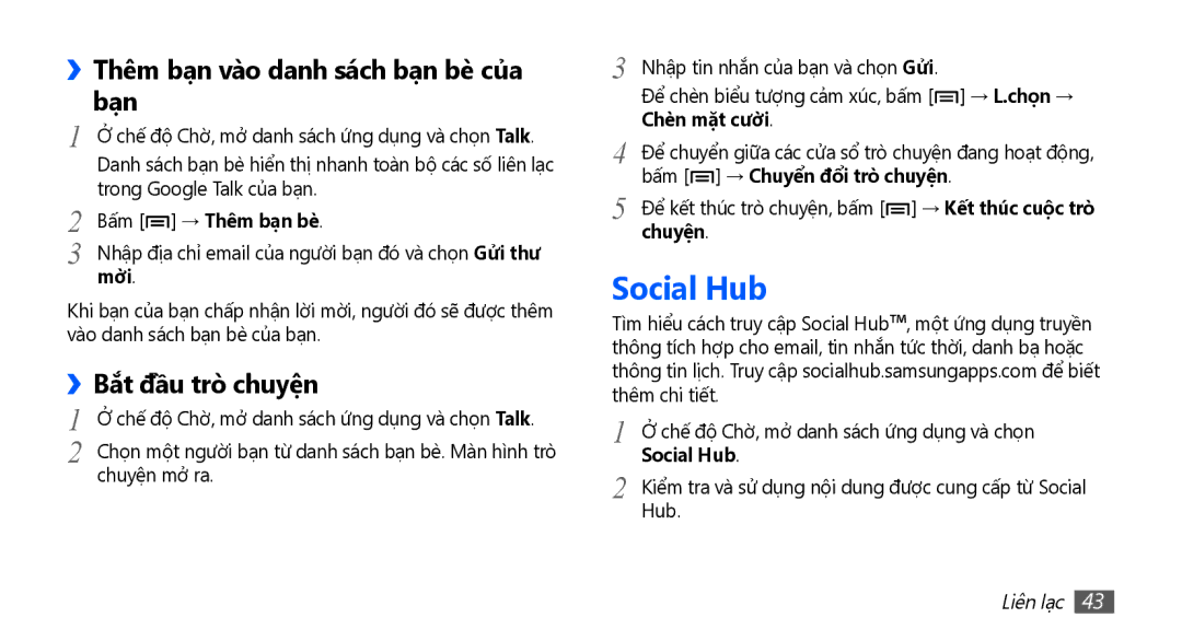 Samsung YP-G70CW/XSV manual Social Hub, ››Thêm bạn vào danh sách bạn bè̀ của bạn, Bắt đầu trò̀ chuyện 