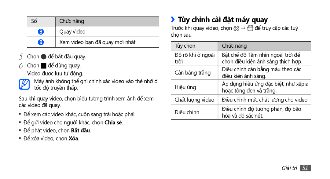 Samsung YP-G70CW/XSV manual ››Tùy chỉnh cài đặt máy quay 