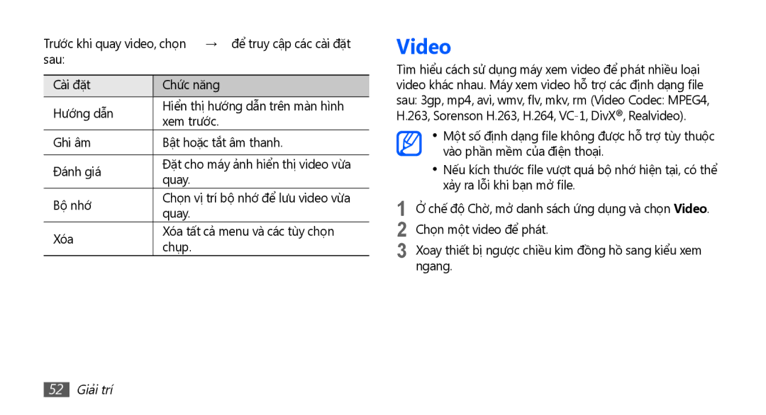 Samsung YP-G70CW/XSV manual Video, 52 Giải trí 