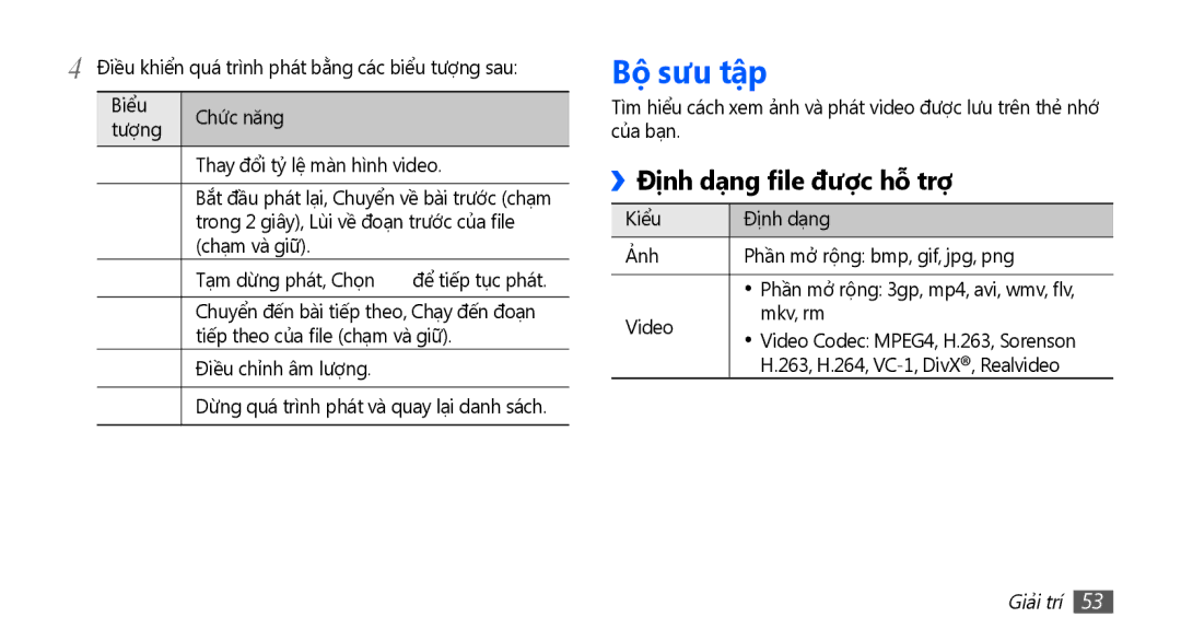 Samsung YP-G70CW/XSV manual Bộ sưu tập, ››Đị̣nh dạng file được hỗ̃ trợ 