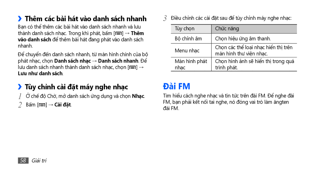 Samsung YP-G70CW/XSV manual Đài FM, ››Thêm các bài hát vào danh sách nhanh, ››Tùy chỉnh cài đặt máy nghe nhạc, 58 Giải trí 