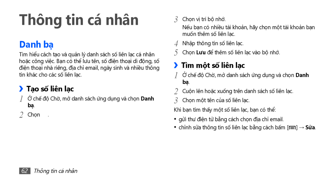 Samsung YP-G70CW/XSV manual Danh bạ, Tạo số liên lạc, Tì̀m một số liên lạc, 62 Thông tin cá nhân 