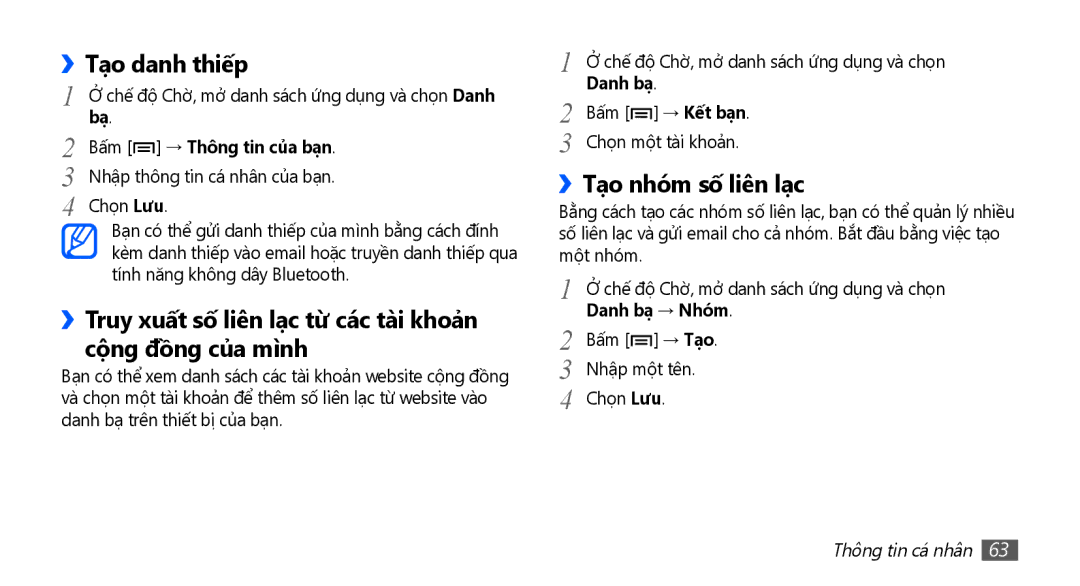 Samsung YP-G70CW/XSV manual ››Tạo danh thiếp, ››Tạo nhóm số liên lạc, Bấm → Thông tin của bạn, Danh bạ → Nhóm 