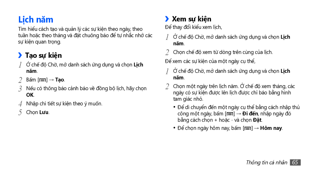 Samsung YP-G70CW/XSV manual Lị̣ch năm, Tạo sự kiện, Xem sự kiện, Năm 