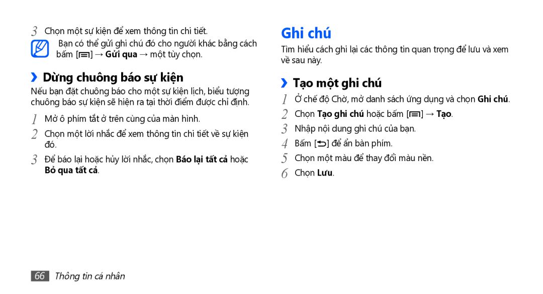 Samsung YP-G70CW/XSV manual Ghi chú, ››Dừng chuông báo sự kiện, Tạo một ghi chú, Bỏ qua tất cả̉, 66 Thông tin cá nhân 