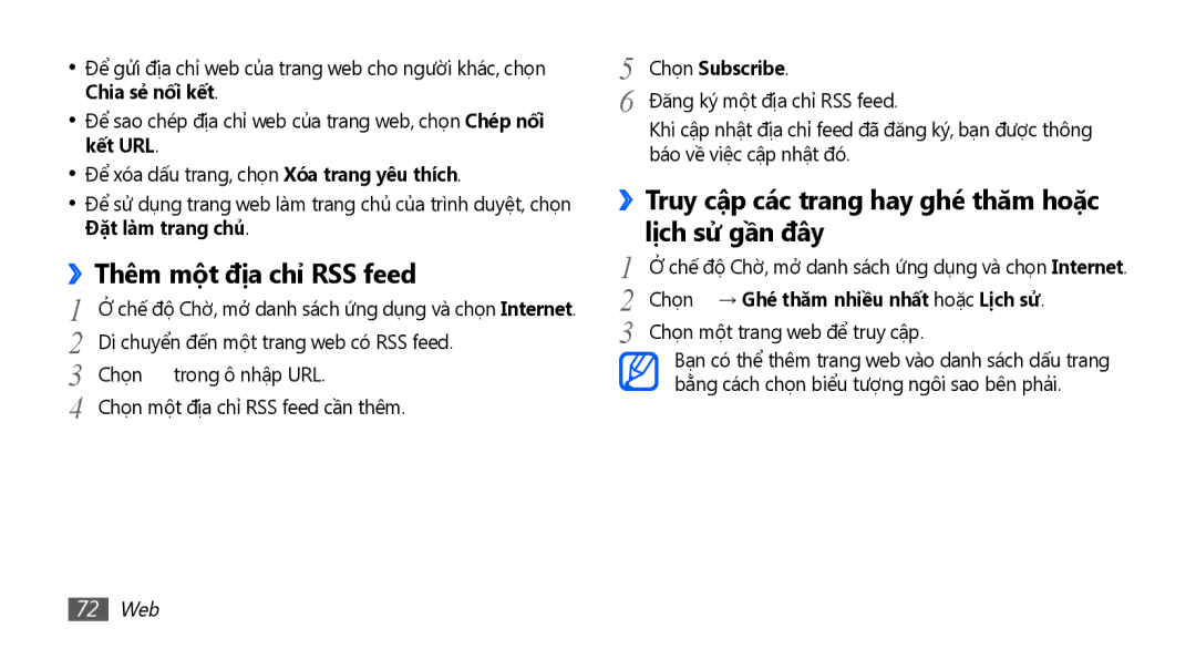 Samsung YP-G70CW/XSV manual ››Truy cập các trang hay ghé thăm hoặc lị̣ch sử gần đây, Chọn Subscribe, 72 Web 