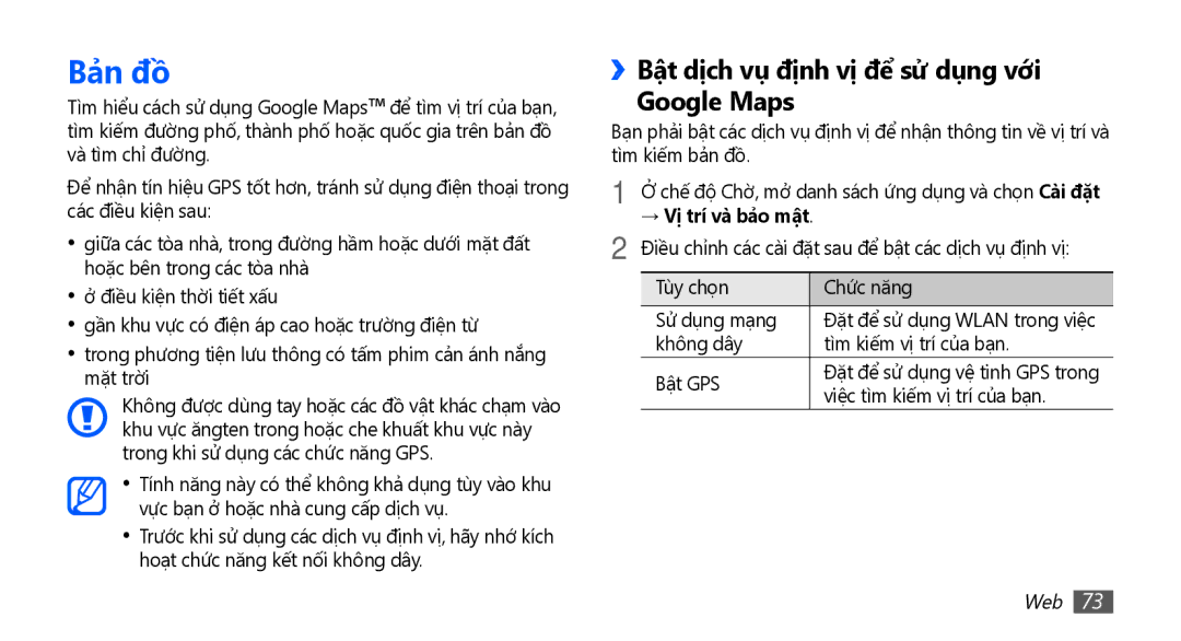 Samsung YP-G70CW/XSV manual Bả̉n đồ, ››Bật dị̣ch vụ đị̣nh vị̣ để sử dụng với Google Maps 