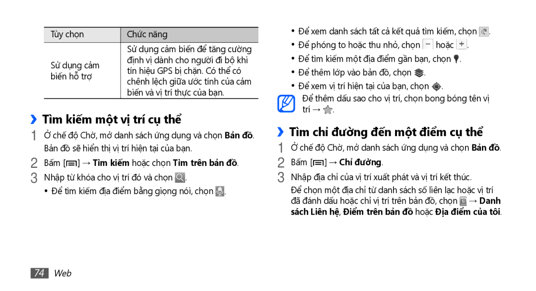 Samsung YP-G70CW/XSV manual ››Tì̀m kiếm một vị̣ trí cụ thể, ››Tì̀m chỉ đường đến một điểm cụ thể, 74 Web 