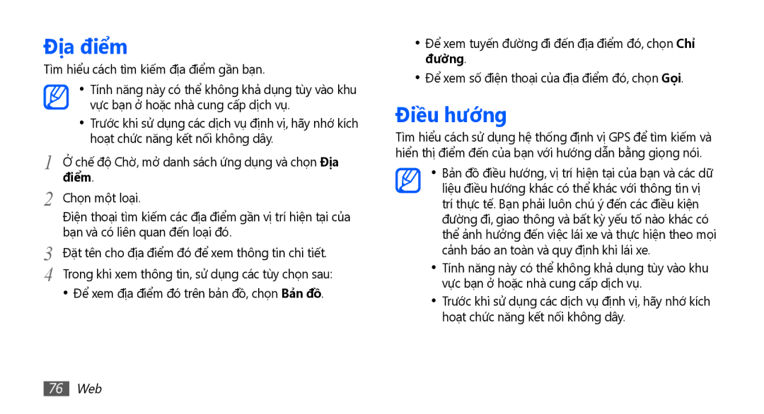 Samsung YP-G70CW/XSV manual Đị̣a điểm, Điều hướng, 76 Web 