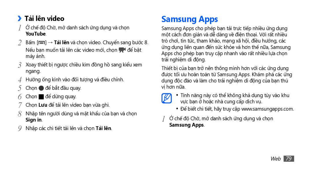 Samsung YP-G70CW/XSV manual Samsung Apps, Tả̉i lên video, Sign 