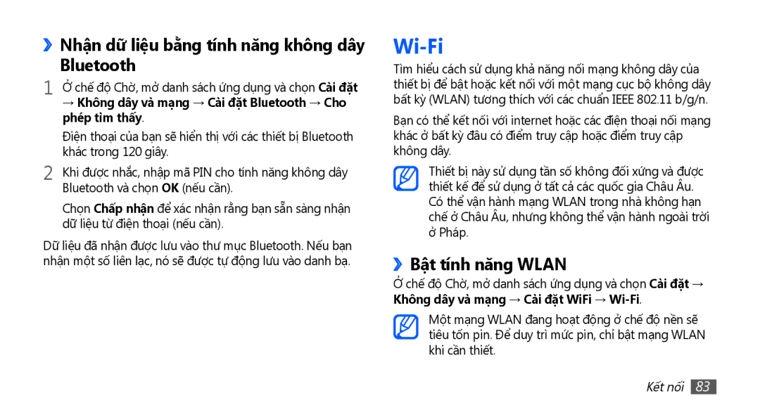 Samsung YP-G70CW/XSV manual Wi-Fi, ››Nhận dữ liệu bằ̀ng tính năng không dây Bluetooth, ››Bật tính năng Wlan 