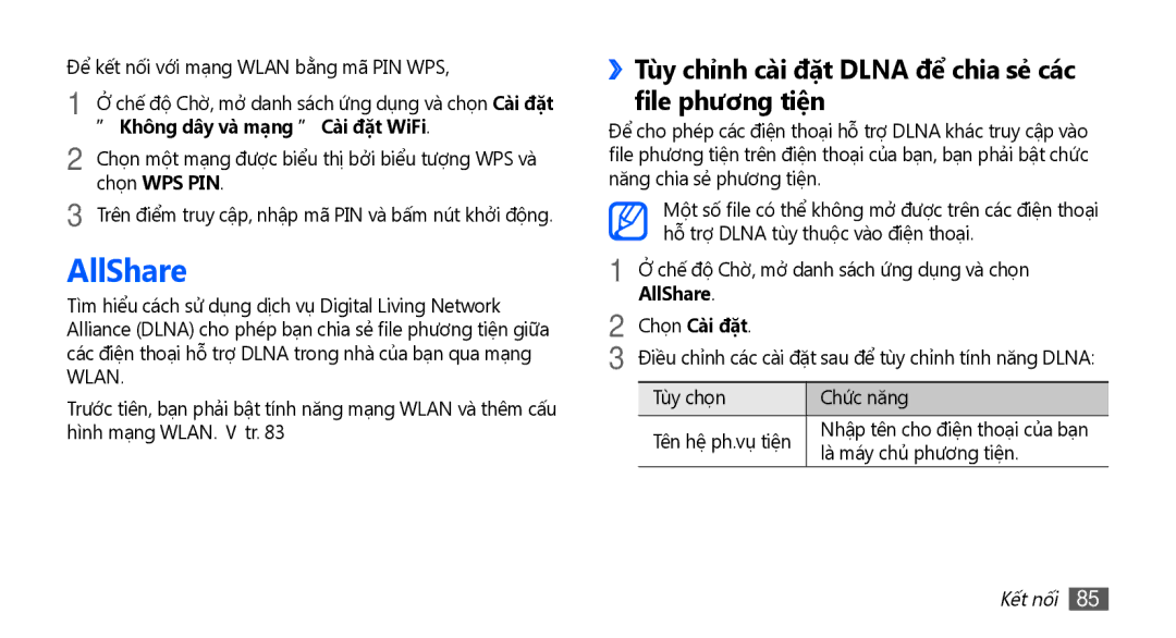 Samsung YP-G70CW/XSV manual AllShare, ››Tùy chỉnh cài đặt Dlna để chia sẻ̉ các file phương tiện, Chọn WPS PIN 