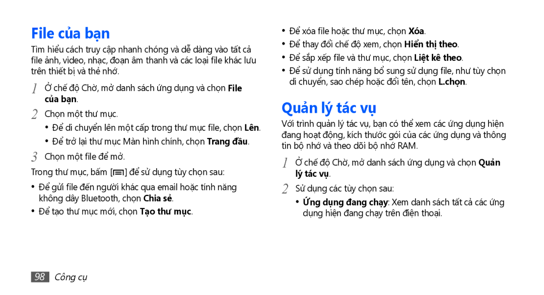 Samsung YP-G70CW/XSV manual File của bạn, Quả̉n lý tác vụ, Của bạn, Lý tác vụ, 98 Công cụ 