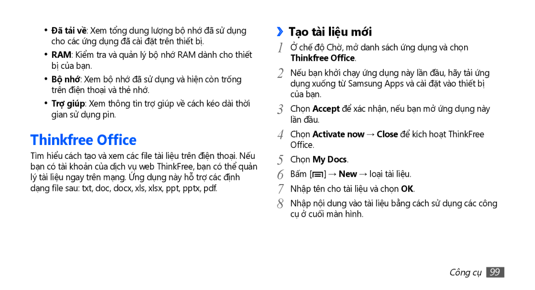 Samsung YP-G70CW/XSV manual Thinkfree Office, Tạo tài liệu mới, Chọn My Docs 